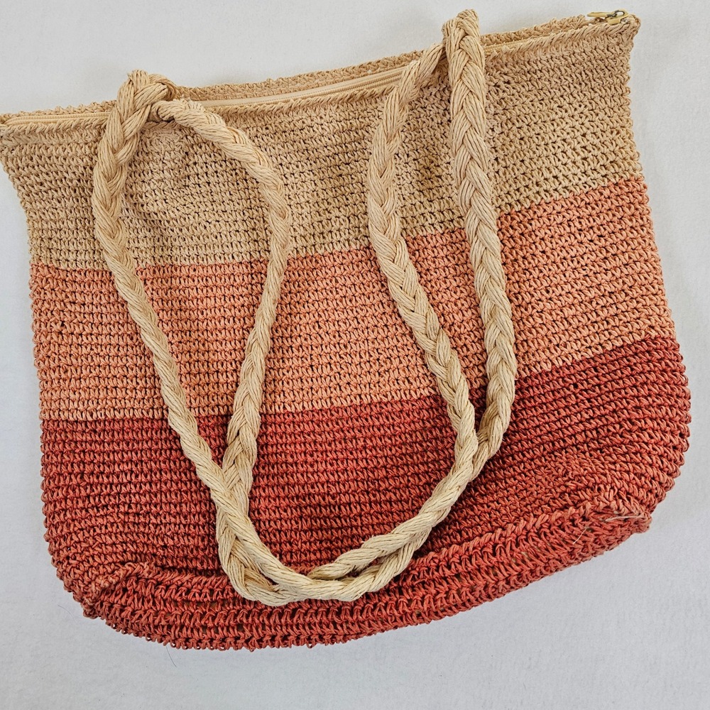 Unbranded Colorblock Straw Tote Bag Sunset Ombre Crochet Beach Bag G50236204